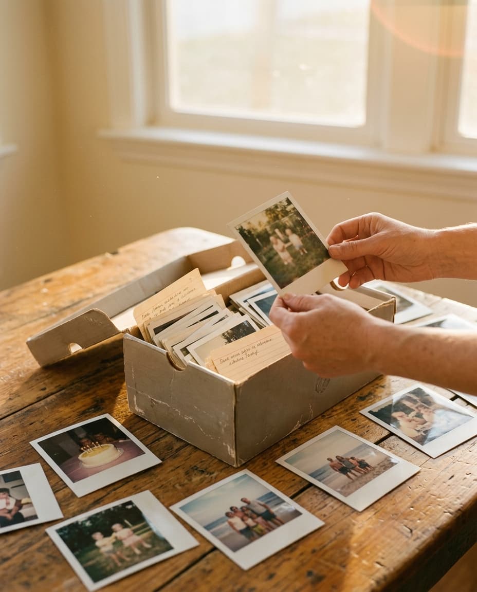 A hand lifting a Polaroid from a shoebox full of old family photos and handwritten recipe cards, warm afternoon light streaming through a window.