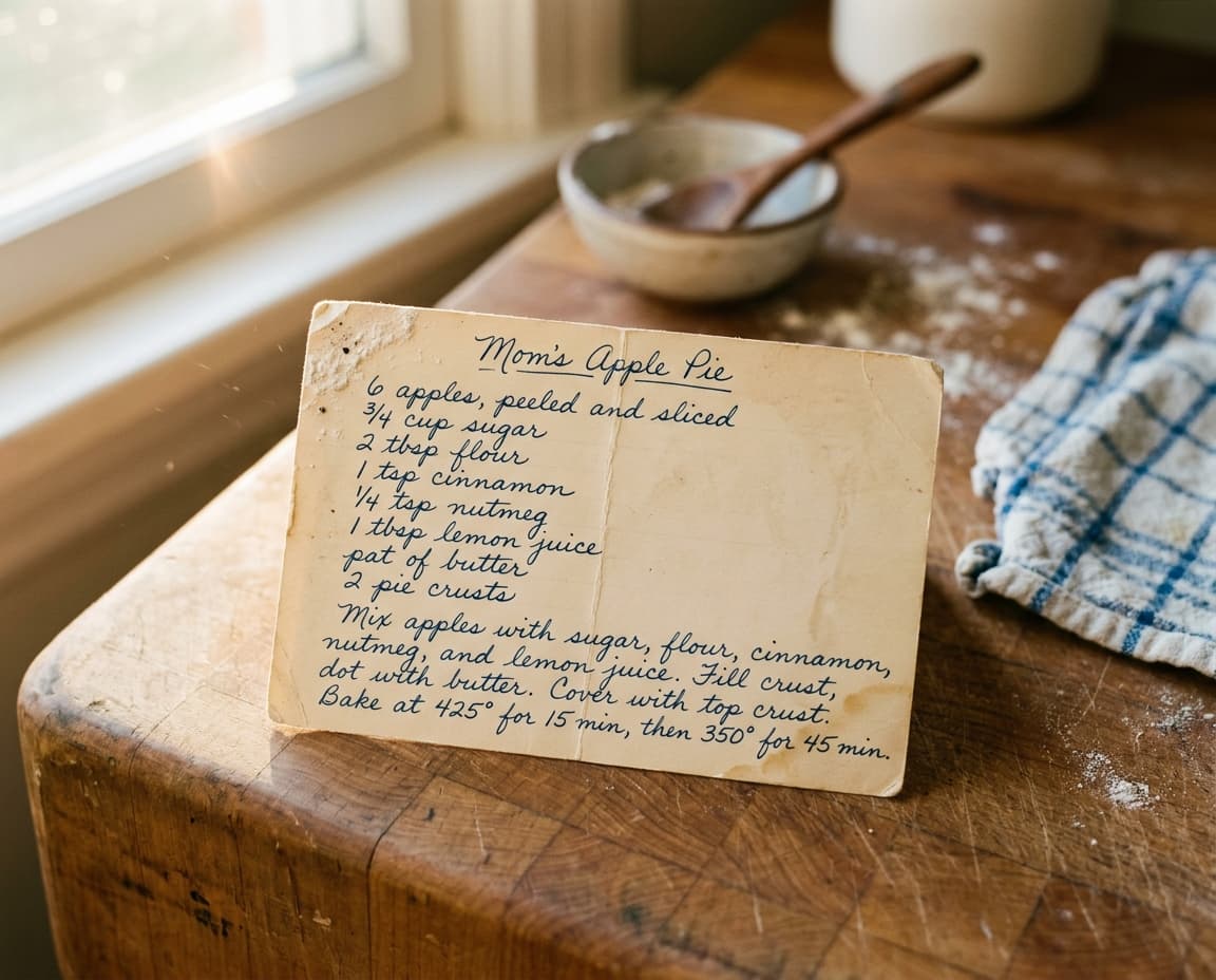 A handwritten apple pie recipe card on a worn wooden kitchen counter, warm afternoon light streaming in from a nearby window.